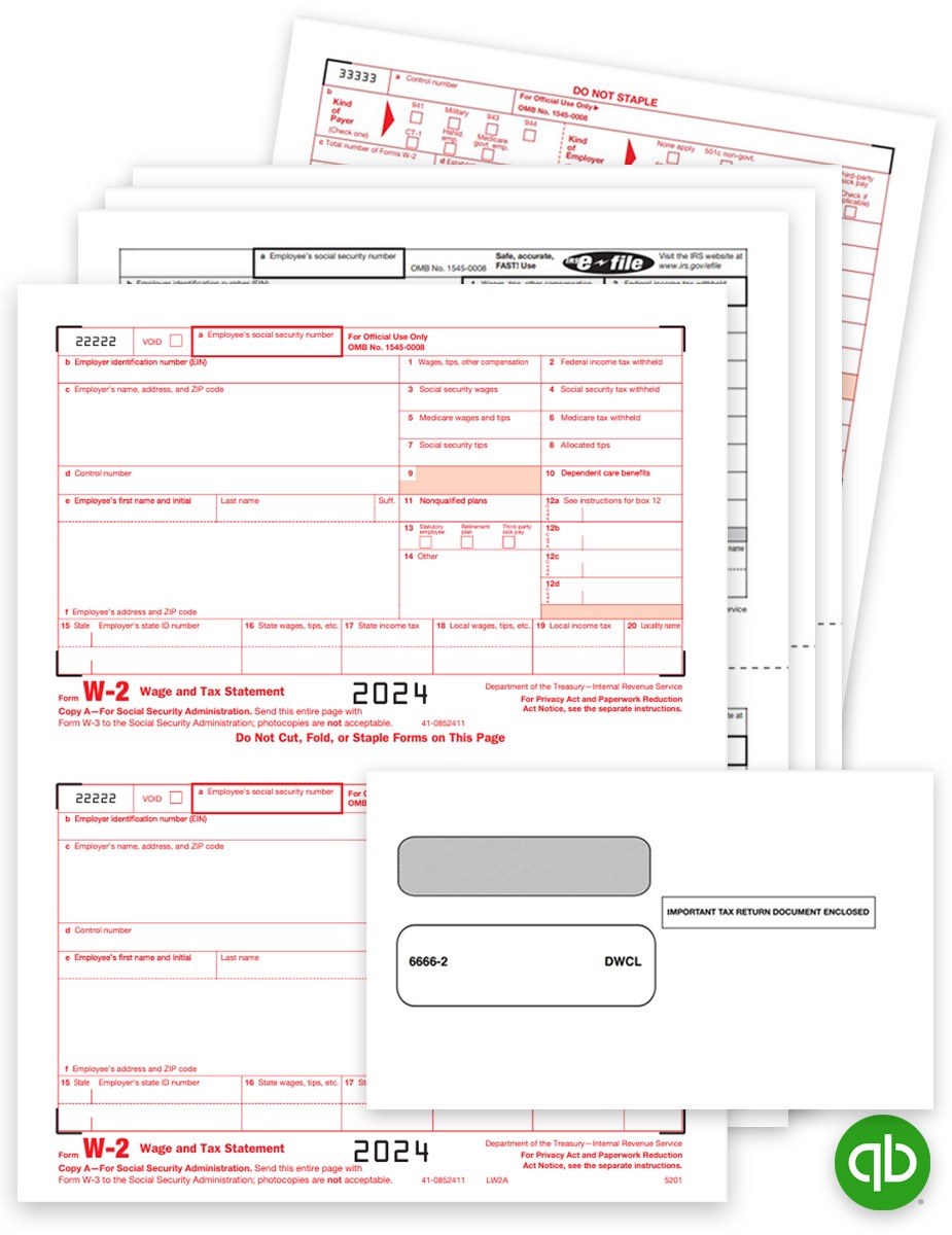 Intuit QuickBooks W2 Form and Envelope Sets for 2024, Guaranteed Compatible. Employee and Employer Copies with Security Envelopes. Big Discounts, No Coupon Code Needed - DiscountTaxForms.com