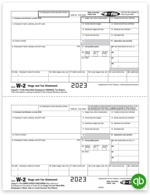 Intuit QuickBooks W2 Tax Forms for 2023, W-2 Copy B-C Employee Federal and File, Official Preprinted W-2 Forms Compatible with QuickBooks at Discount Prices, No Coupon Needed - DiscountTaxForms.com