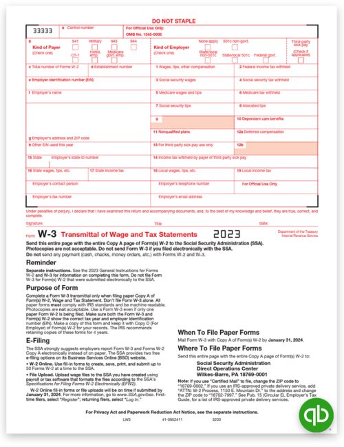 QuickBooks W3 Tax Forms for W2 Filing in 2023, 100% Compatible - DiscountTaxForms.com