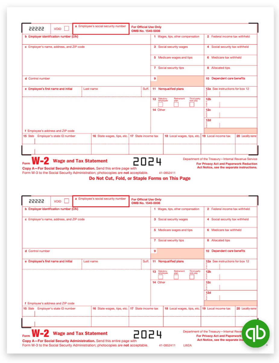 Intuit QuickBooks W2 Tax Forms for 2024, Copy A Federal Employer, Official Red Scannable Preprinted W-2 Forms Compatible with QuickBooks. Easy E-Filing Options Too. Discount Prices, No Coupon Needed - DiscountTaxForms.com