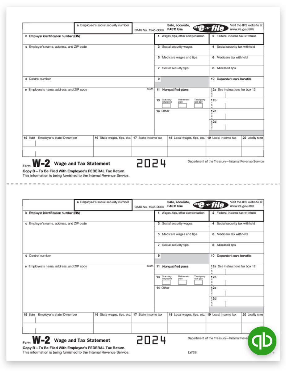 Intuit QuickBooks W2 Tax Forms for 2024, W-2 Copy B Employee Federal, Official Preprinted W-2 Forms Compatible with QuickBooks at Discount Prices, No Coupon Needed - DiscountTaxForms.com