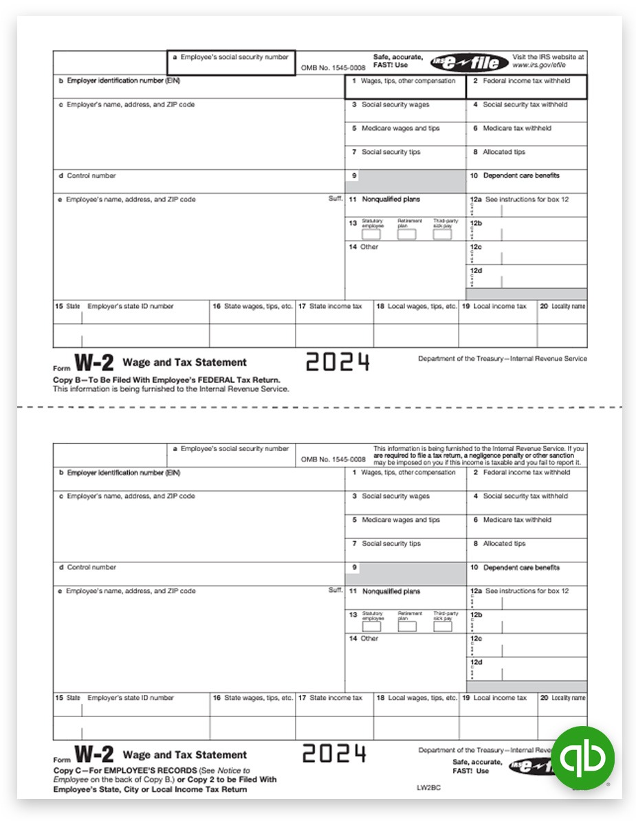 Intuit QuickBooks W2 Tax Forms for 2024, W-2 Copy B-C Employee Federal and File, Official Preprinted W-2 Forms Compatible with QuickBooks at Discount Prices, No Coupon Needed - DiscountTaxForms.com