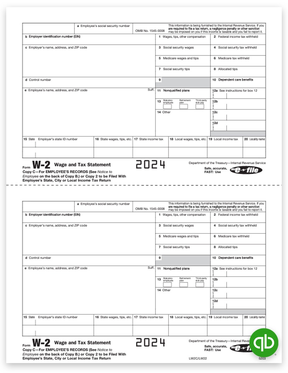 Intuit QuickBooks W2 Tax Forms for 2024, W-2 Copy C-2 Employee State, City or File, Official Preprinted W-2 Forms Compatible with QuickBooks at Discount Prices, No Coupon Needed - DiscountTaxForms.com