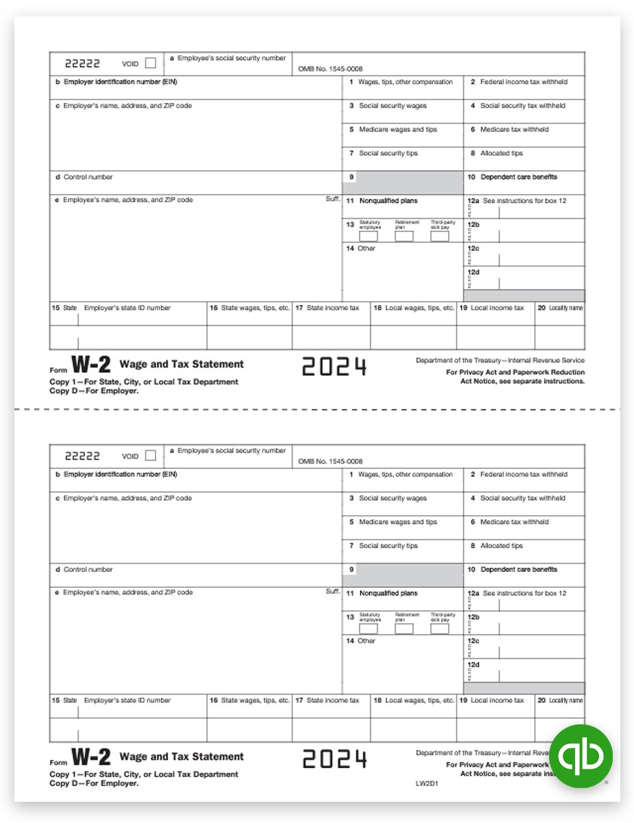 Intuit QuickBooks W2 Tax Forms for 2024, W-2 Copy 1-D Employer State, City or File, Official Preprinted W-2 Forms Compatible with QuickBooks at Discount Prices, No Coupon Needed - DiscountTaxForms.com