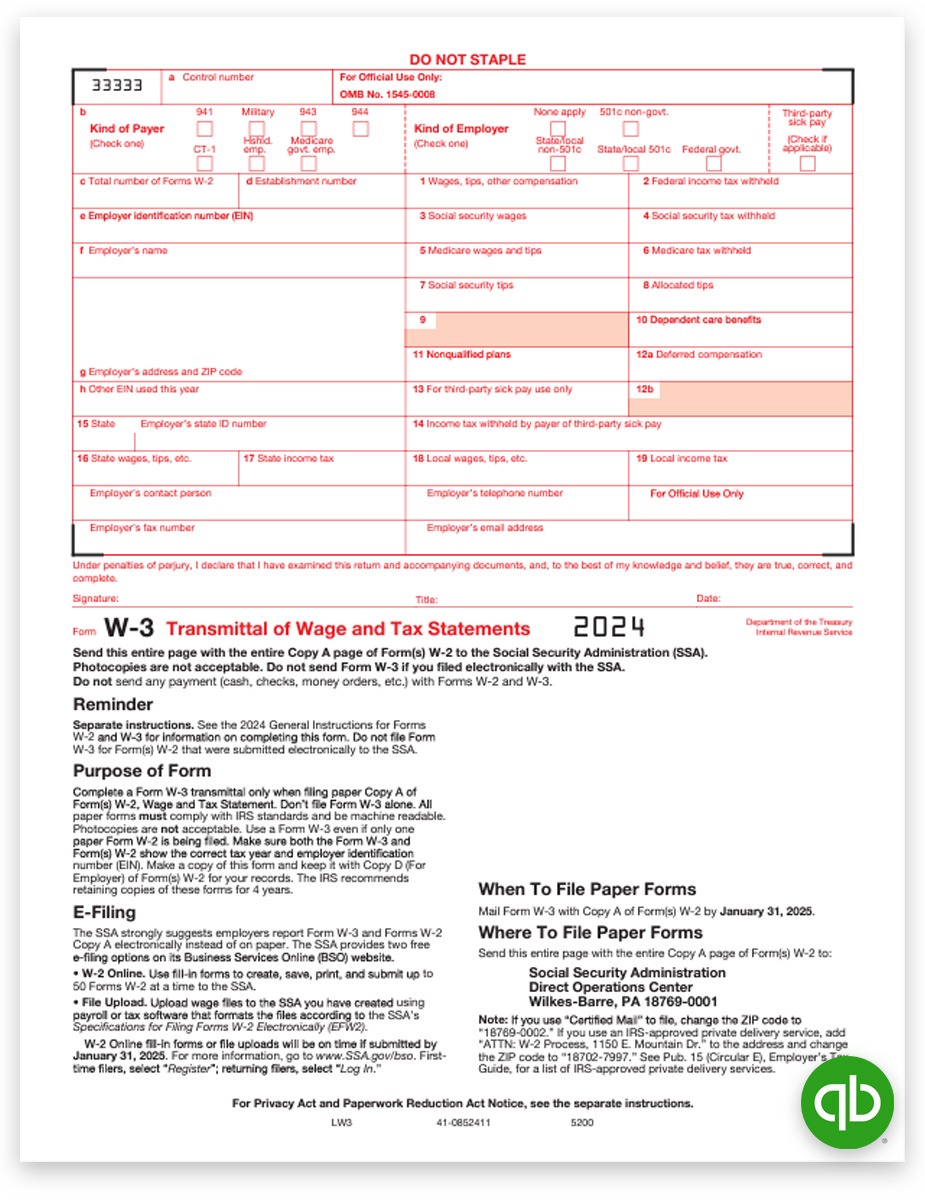 Order Intuit QuickBooks W3 Tax Forms for W2 Filing in 2024, 100% Compatible. Big Discounts, No Coupon Code Needed - DiscountTaxForms.com