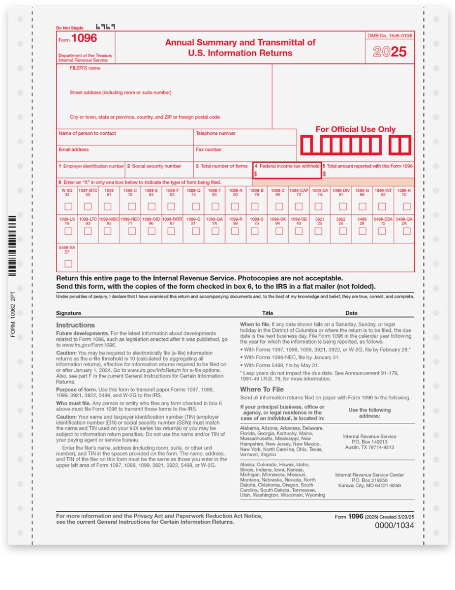 Order 1096 Carbonless Continuous Transmittal Forms for 2025 1099 Filing with the IRS, 2-part for pin-fed printers or typewriters - DiscountTaxForms.com