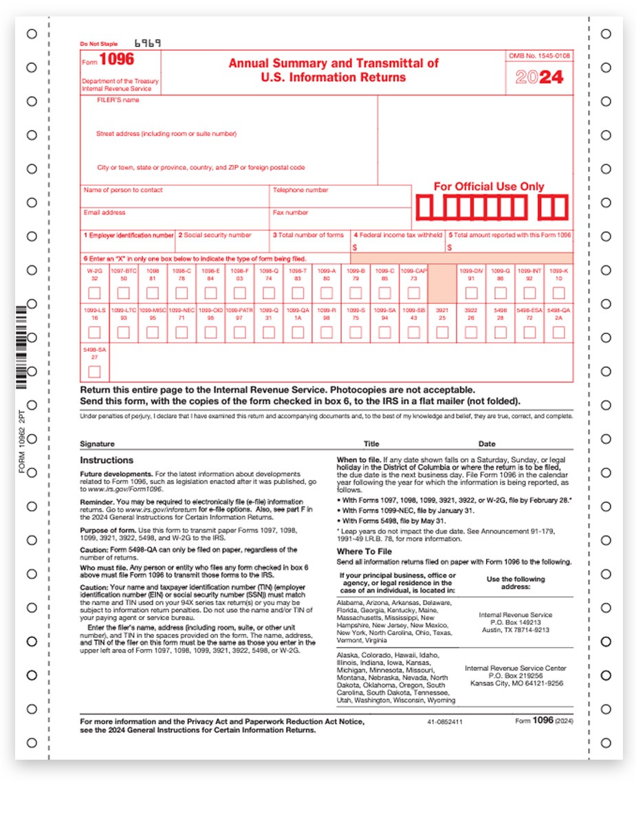 1096 Carbonless Continuous Transmittal Forms for 2024 1099 Filing with the IRS, 2-part for pin-fed printers or typewriters - DiscountTaxForms.com