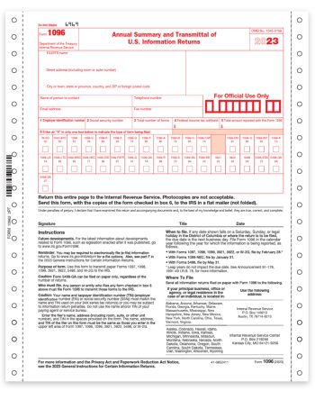 1096 Carbonless Continuous Transmittal Forms for 2023 1099 Filing with the IRS, 2-part for pin-fed printers or typewriters - DiscountTaxForms.com
