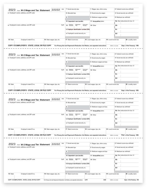 2023 W2 Tax Form 4up V2 Horizontal, Employer Copies 1 & D for State, Local or File Copy Interchangeable 4up Forms on 1 Perforated Sheet - DiscountTaxForms.com