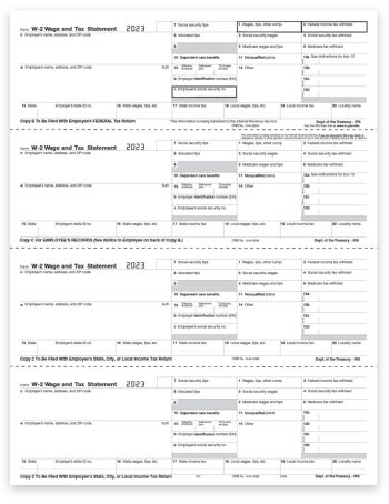 2023 W2 Tax Form 4up V2 Horizontal Layout with W2 Employee Copies B, C, 2, 2 on a 4up Perforated Sheet, Software Compatible - DiscountTaxForms.com