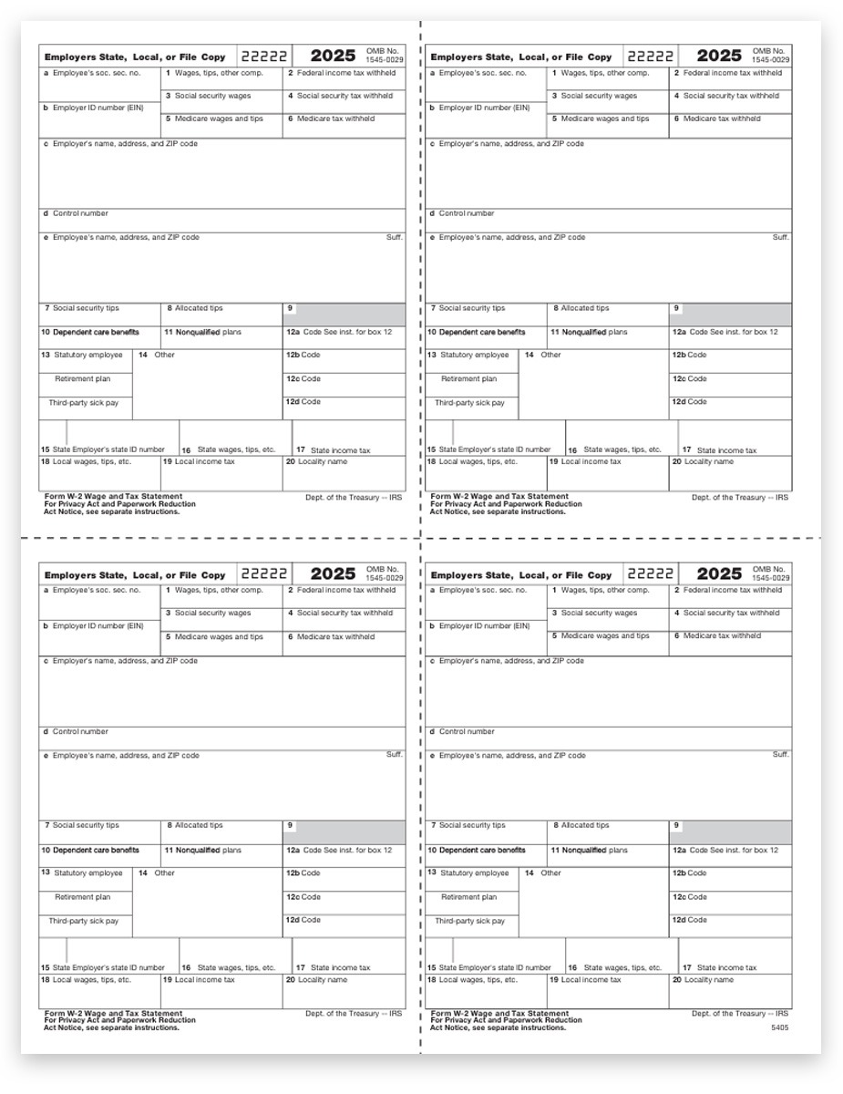 Order W2 4up Tax Forms for Employers for 2025, 4up V1 Boxed Quadrant Layout, W-2 Copies 1 & D. Big Discounts, No Coupon Code Needed - DiscountTaxForms.com