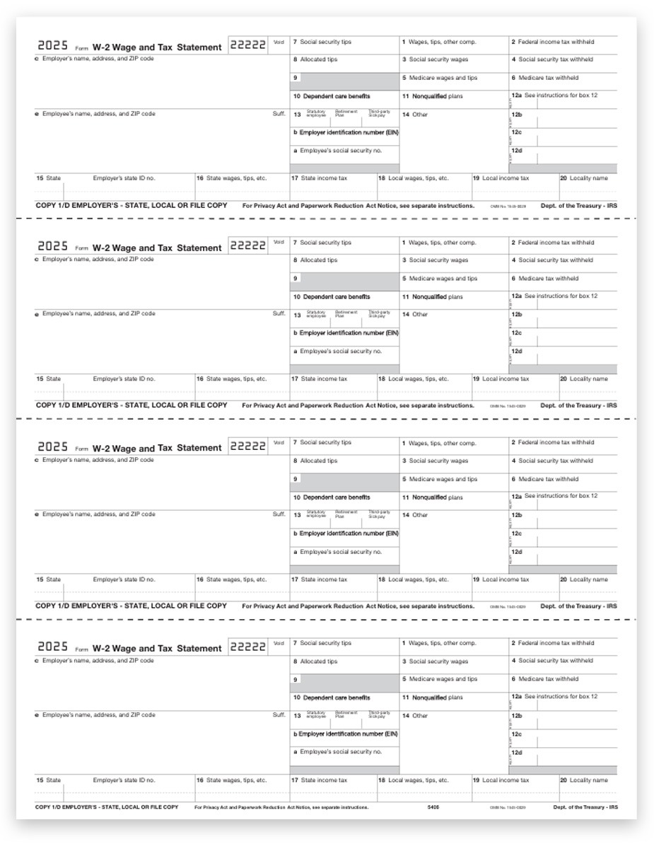 Order W2 Tax Form 4up V2 Horizontal, Employer Copies 1 & D for State, Local or File Copy for 2025, Interchangeable 4up Forms on 1 Perforated Sheet. Big Discounts, No Coupon Code Needed - DiscountTaxForms.com