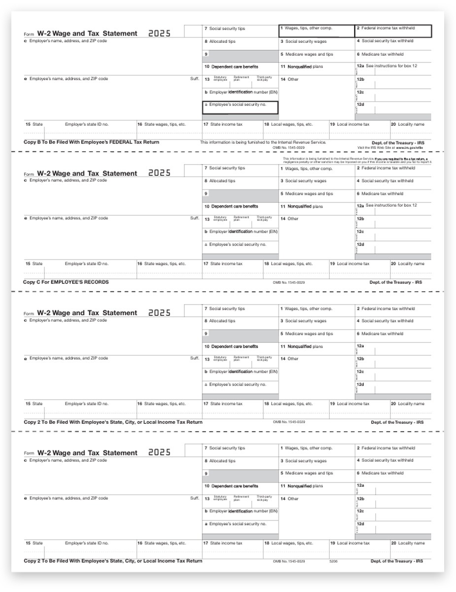Order W2 Tax Form 4up V2A Horizontal Layout with W2 Employee Copies B, C, 2, 2 on a 4up Perforated Sheet for 2025, Software Compatible. Discount Prices, No Coupon Needed - DiscountTaxForms.com