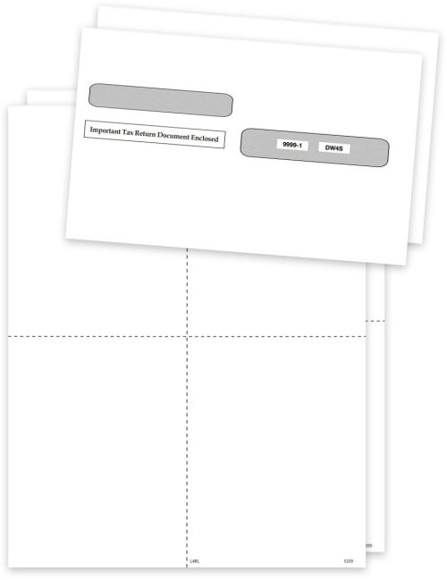 Blank Perforated W2 Paper Set with Envelopes 4up V1 Quadrant Layout, with Employee Instructions on Backer, Gum-Seal Envelopes for 8part W2 Forms - DiscountTaxForms.com