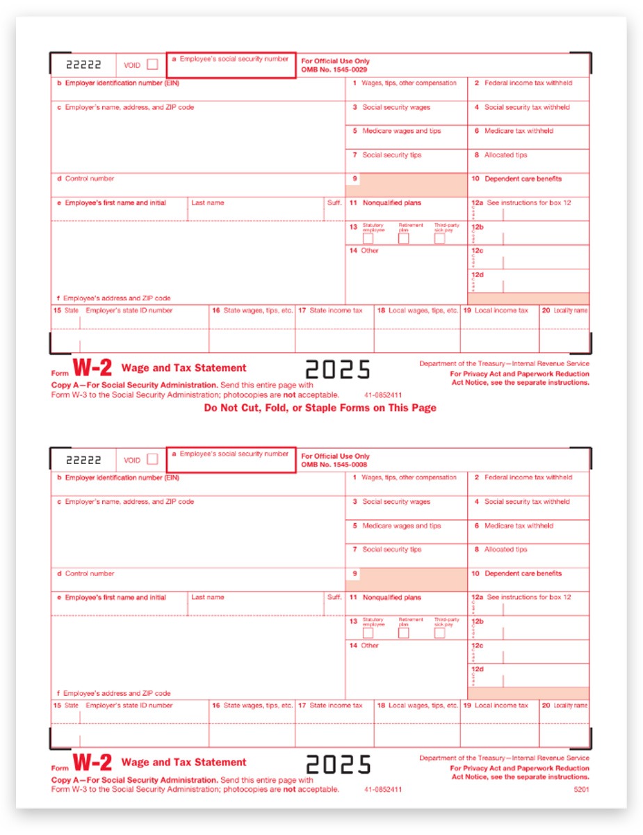 2025 W2 Tax Form Copy A for Employer Federal Filing with SSA, Red Scannable Ink, Official W2 Federal Tax Form. Efiling Options for Business - DiscountTaxForms.com