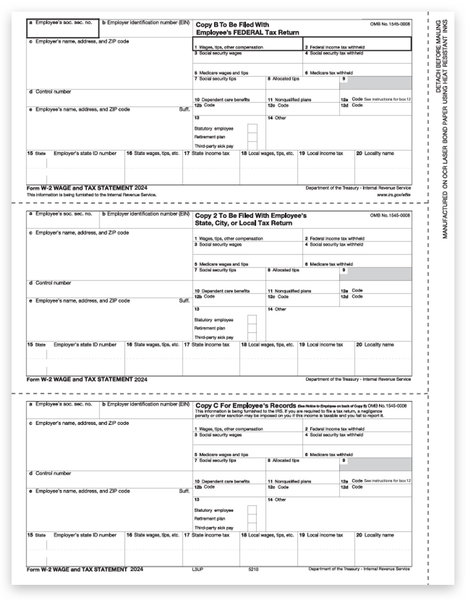 W2 2024 Tax Form 3up Employee Copies B, C, 2 in 3up Format on 1 Perforated Sheet. Big Discounts, No Coupon Needed - DiscountTaxForms.com