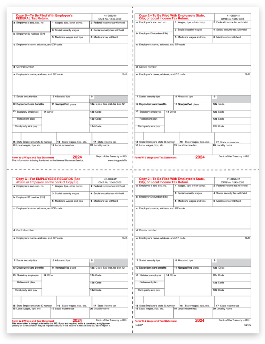 2024 W2 Form 4up V1 with Quadrant Corner Layout, Order W2 Forms at Big Discounts, No Coupon Code Needed - DiscountTaxForms.com