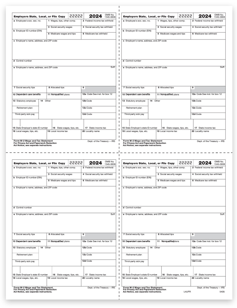 2024 Employer W2 4up Tax Forms V1 Boxed Quadrant Layout, W-2 Copies 1 & D. Big Discounts, No Coupon Code Needed - DiscountTaxForms.com