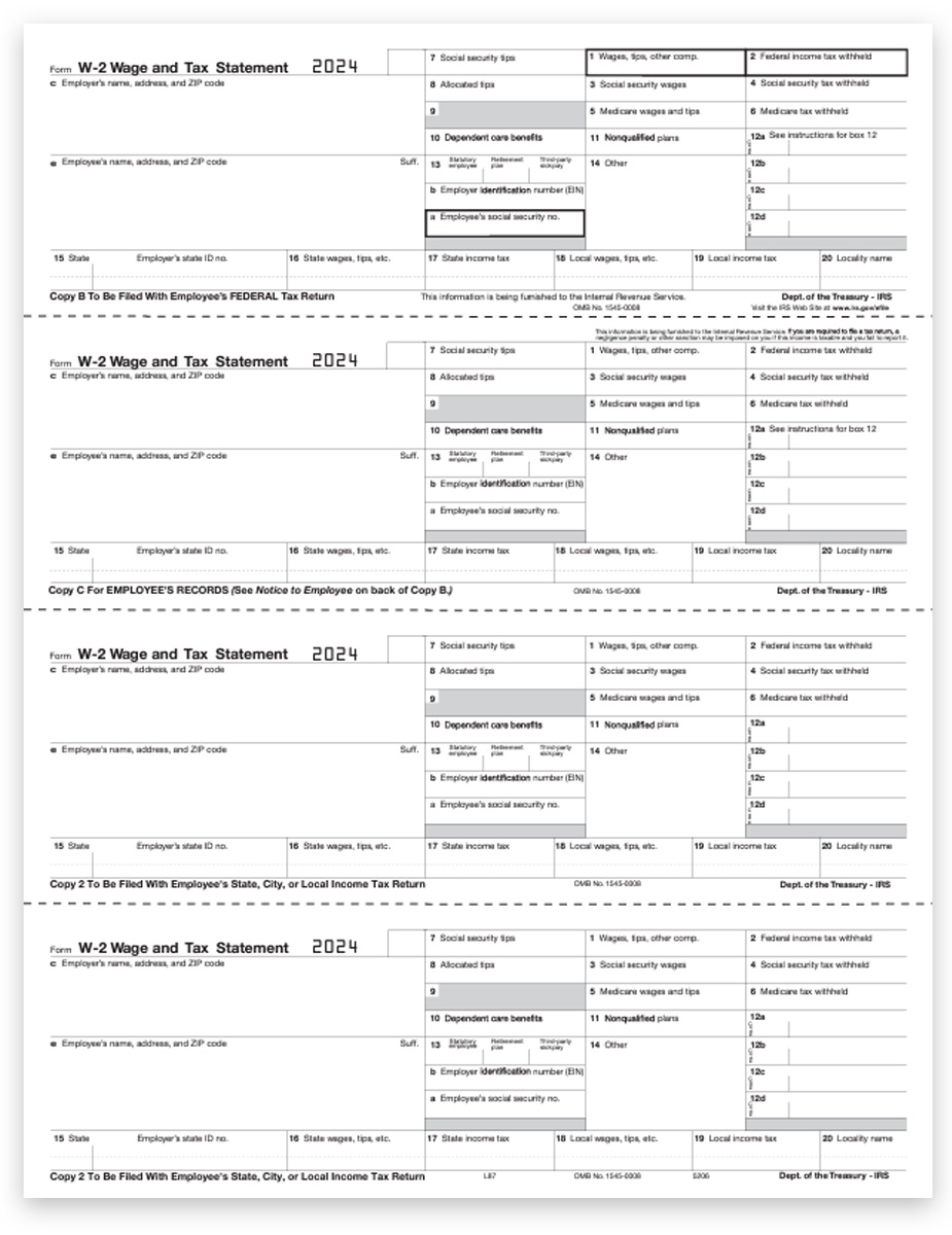 2024 W2 Tax Form 4up V2A Horizontal Layout with W2 Employee Copies B, C, 2, 2 on a 4up Perforated Sheet, Software Compatible. Discount Prices, No Coupon Needed - DiscountTaxForms.com