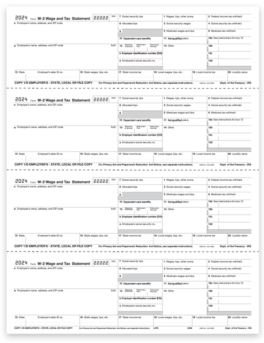 2024 W2 Tax Form 4up V2 Horizontal, Employer Copies 1 & D for State, Local or File Copy Interchangeable 4up Forms on 1 Perforated Sheet. Big Discounts, No Coupon Code Needed - DiscountTaxForms.com