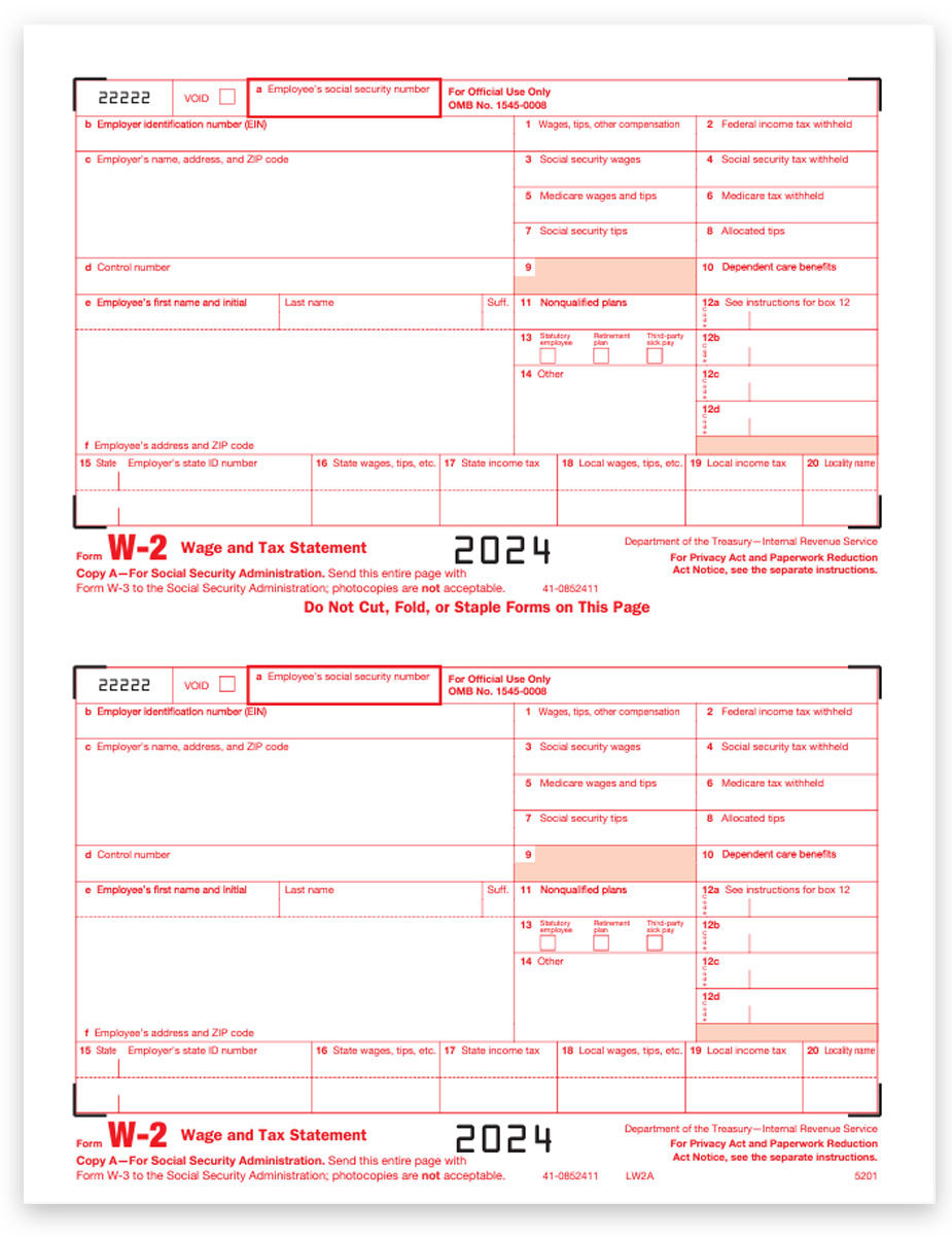 2024 W2 Tax Form Copy A for Employer Federal Filing with SSA, Red Scannable Ink, Official W2 Federal Tax Form. Efiling Options for Business - DiscountTaxForms.com