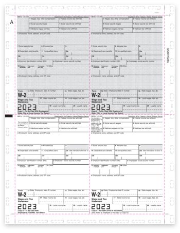 W2 Pressure Seal Forms for 2023, 4up 11-inch V-Fold, Preprinted 4up Quadrant V1 Corner Format - DiscountTaxForms.com