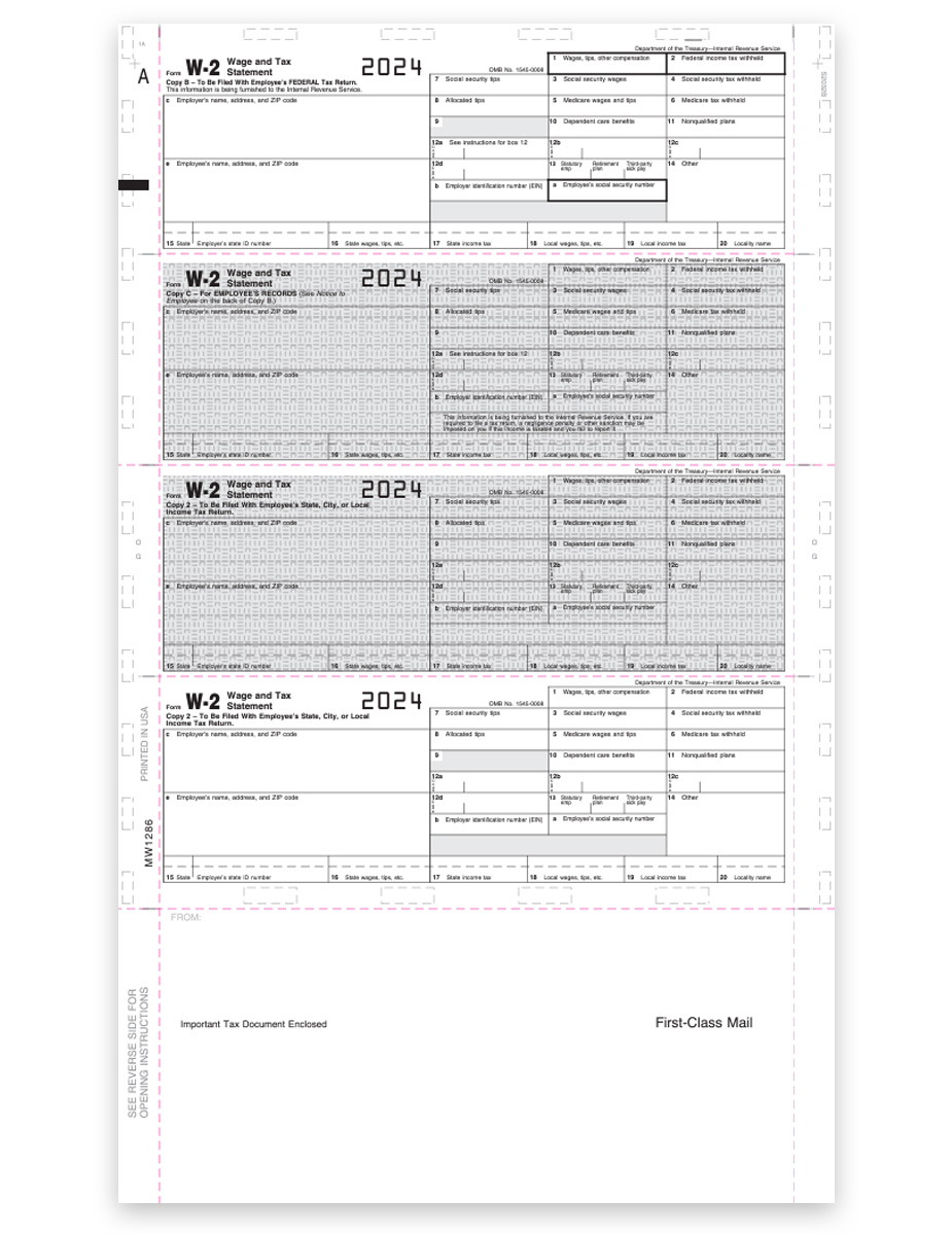 W2 Pressure Seal Forms for 2024, 14-inch EZ-Fold, 4up V2 Horizontal Layout, Preprinted W2 Forms for Employees - DiscountTaxForms.com