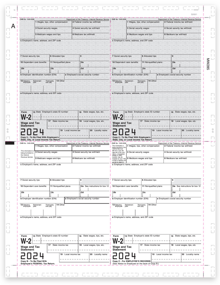 W2 Pressure Seal Forms for 2024, 4up 11-inch V-Fold, Preprinted 4up Quadrant V1 Corner Format - DiscountTaxForms.com