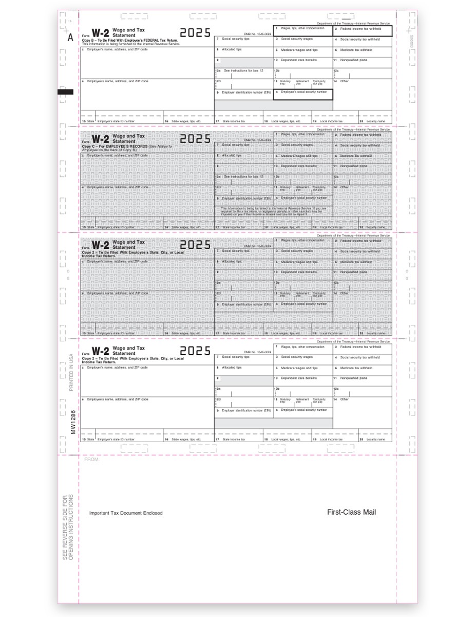 W2 Pressure Seal Forms for 2025, 14-inch EZ-Fold, 4up V2 Horizontal Layout, Preprinted W2 Forms for Employees - DiscountTaxForms.com
