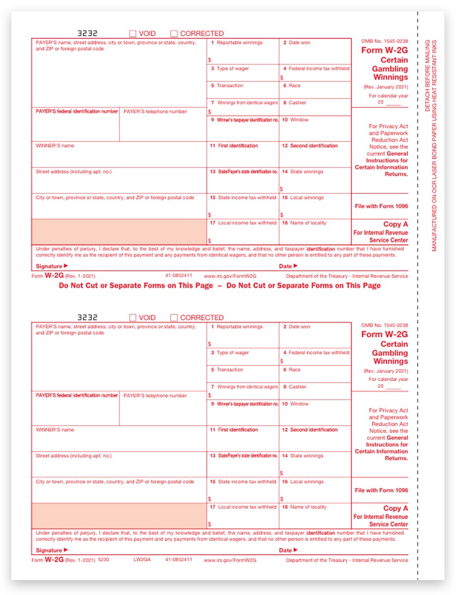 Order W2G Form Copy A Tax Forms for IRS - Dateless W2G Form for Gambling Winnings - DiscountTaxForms.com