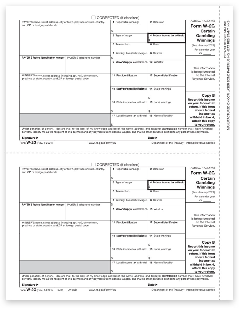 Order W2G Tax Form Copy B for Winner, Dateless W2G Form to Report Gambling Winnings - DiscountTaxForms.com