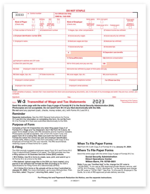 2023 W3 Forms 2-part for Transmittal of W2 Copy A Forms to the SSA by Employers, Red Scannable Official Preprinted W-3 Forms - DiscountTaxForms.com