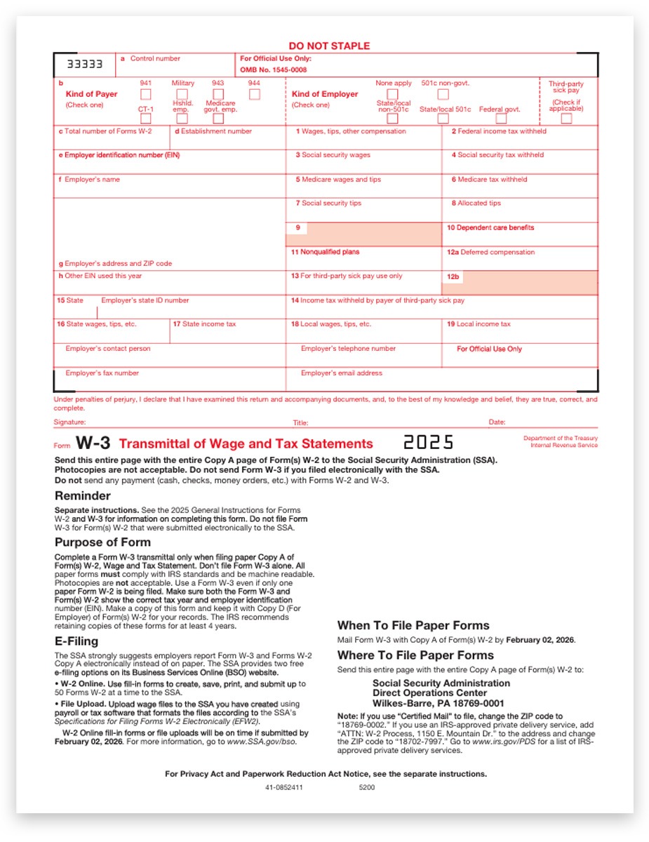 Order W3 Tax Forms for 2025, Transmittal of W2 Copy A Forms to the SSA by Employers, Red Scannable Official Preprinted W-3 Forms - DiscountTaxForms.com