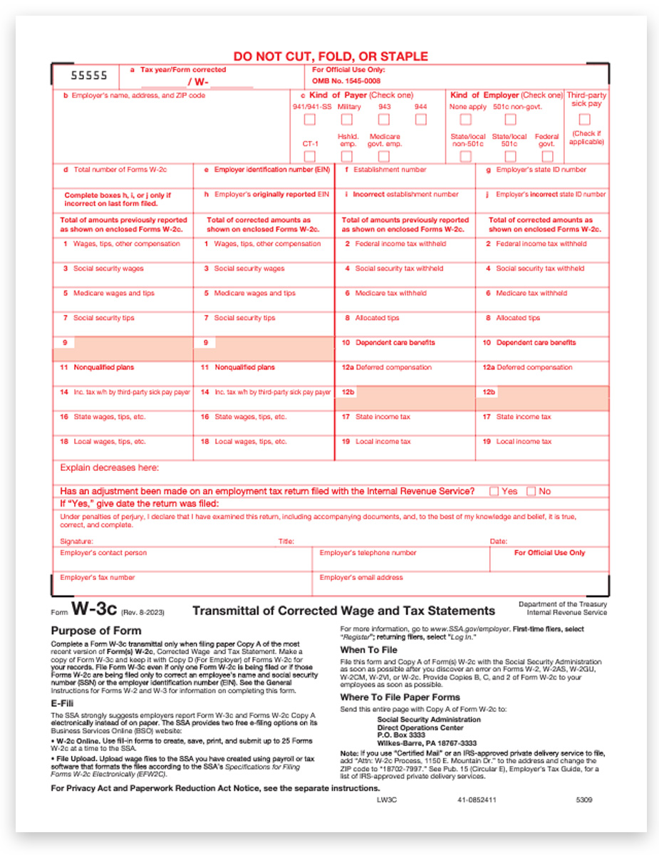 W3C Correction Transmittal Form for W2C Filing with the SSA - DiscountTaxForms.com