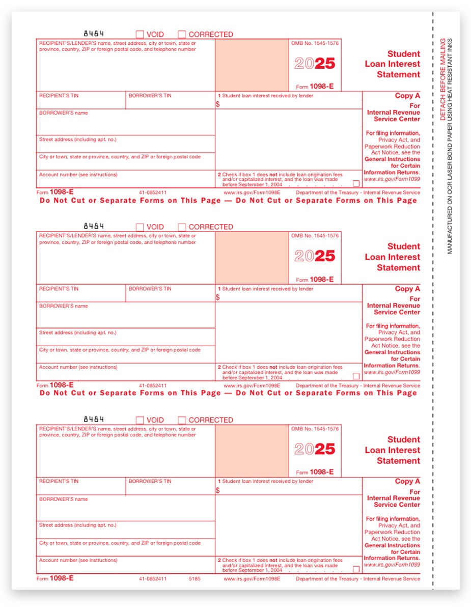 Order 1098E Tax Forms for 2025, Student Loan Interest Statements, Official Red 1098-E Copy A for IRS Filing - DiscountTaxForms.com