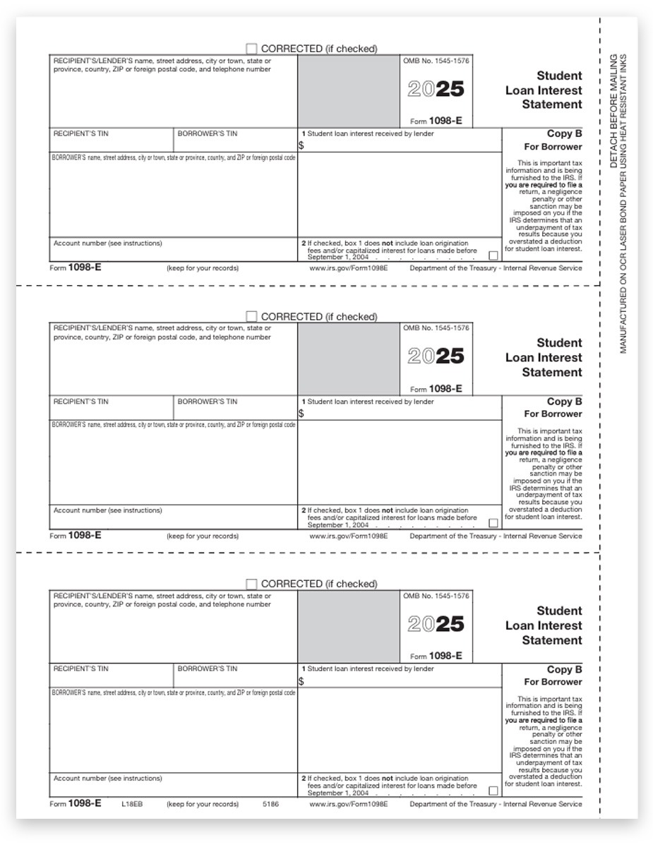 Order 1098E Tax Forms for 2025, Student Loan Interest Statements, Official Red 1098-E Copy B for Student - DiscountTaxForms.com