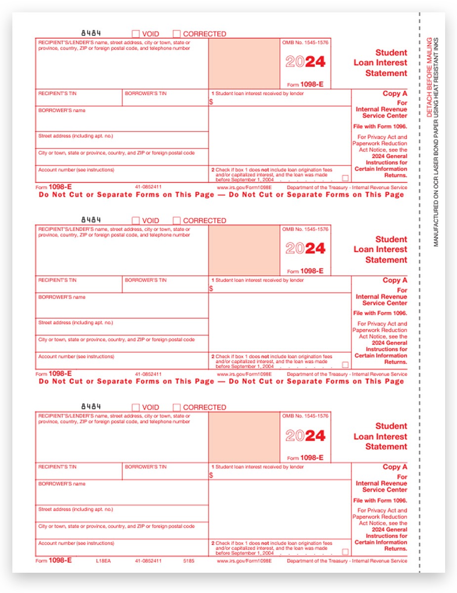 Order 1098E Tax Forms for 2024, Student Loan Interest Statements, Official Red 1098-E Copy A for IRS Filing - DiscountTaxForms.com