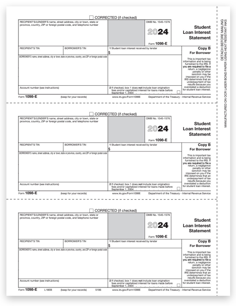 Order 1098E Tax Forms for 2024, Student Loan Interest Statements, Official Red 1098-E Copy B for Student - DiscountTaxForms.com