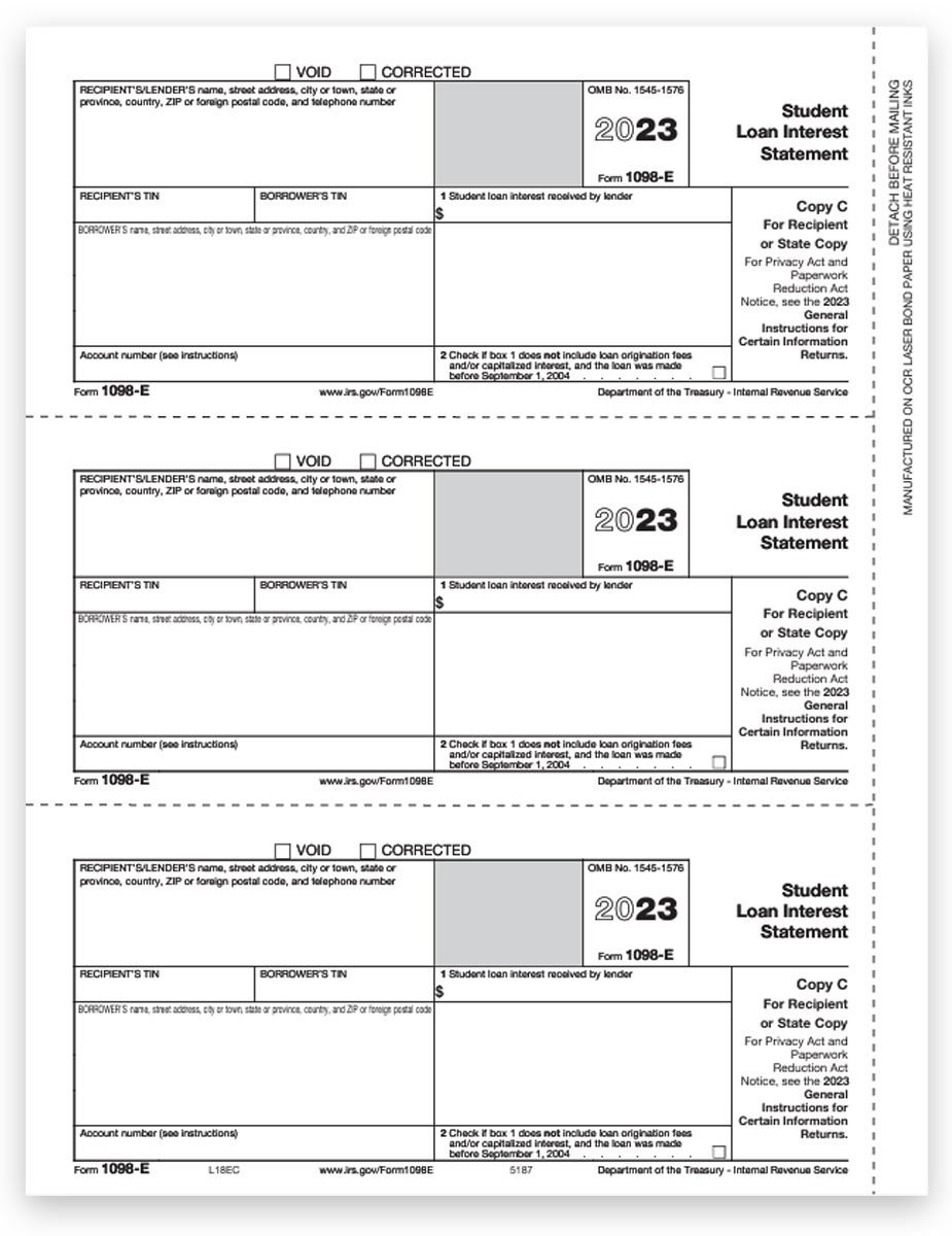 Order 1098E Tax Forms for 2024, Student Loan Interest Statements, Official Red 1098-E Copy C for Lender or State - DiscountTaxForms.com