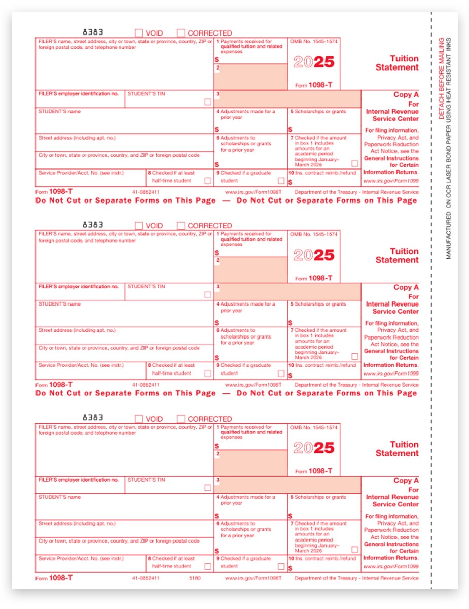 Order 1098T Tax Forms for Reporting Tuition Statements, Copy A for IRS - DiscountTaxForms.com