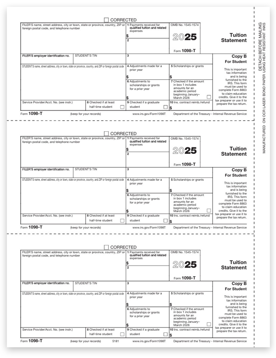 Order 1098T Tax Forms for Reporting Tuition Statements, Copy B for Student - DiscountTaxForms.com
