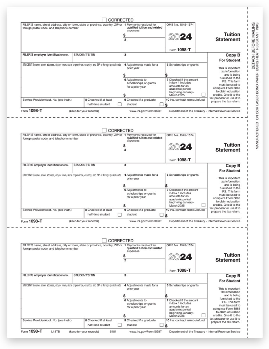 Order 1098T Tax Forms for 2024, Tuition Statement, Official Student Copy B 1098-T Forms. Easy Online Filing Options. Big Discounts, No Coupon Needed - DiscountTaxForms.com