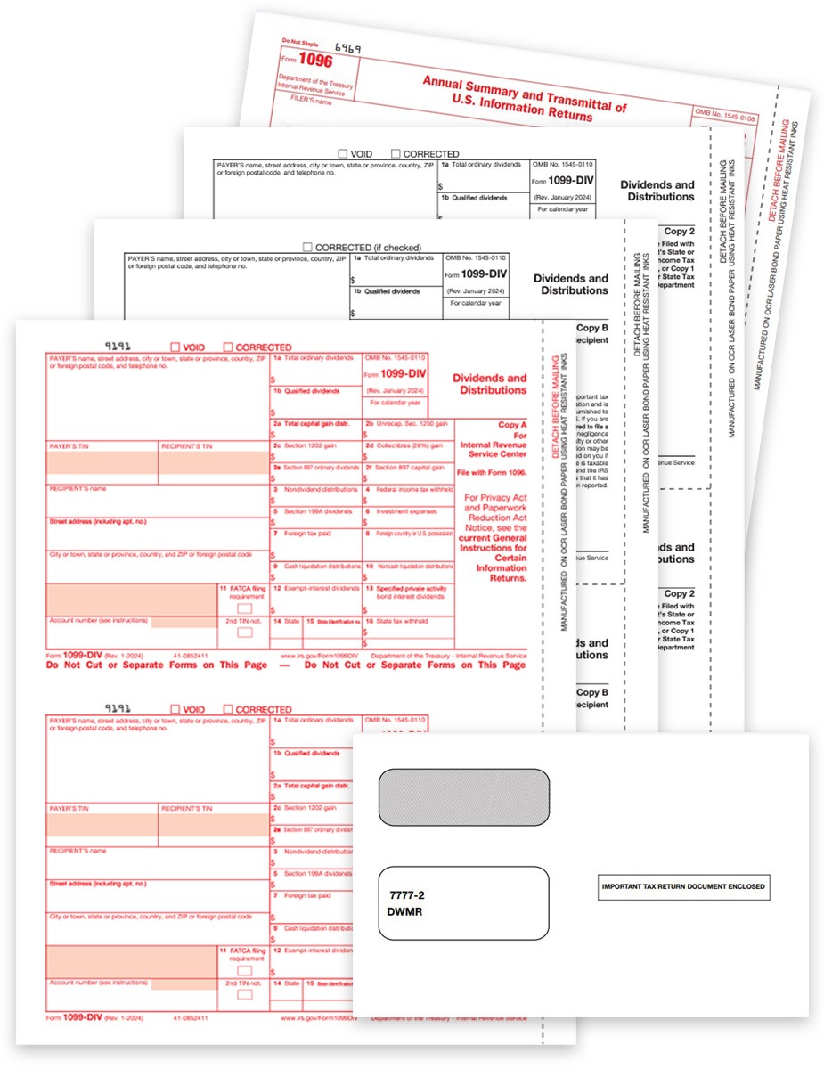 Order 1099DIV Tax Form and Envelope Sets for Dividends and Distributions Income Reporting. Payer, Recipient Copies, 1096 Form. Easy E-File Options at Discount Price, No Coupon Needed - DiscountTaxForms.com