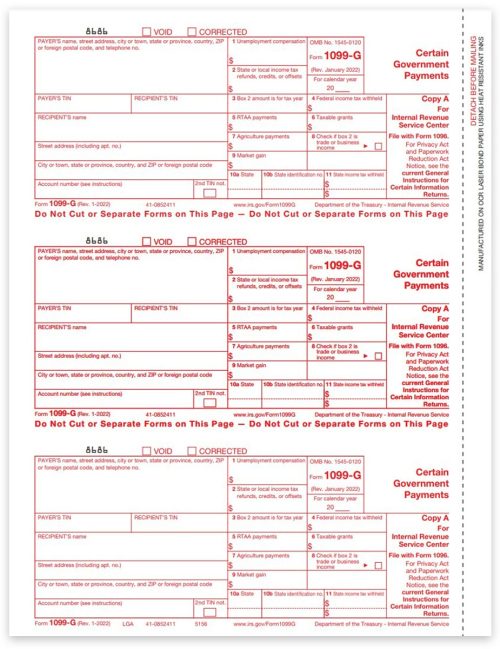 1099G Tax Forms for 2022, IRS Copy A Official 1099-G Forms for Certain Government Payments - DiscountTaxForms.com