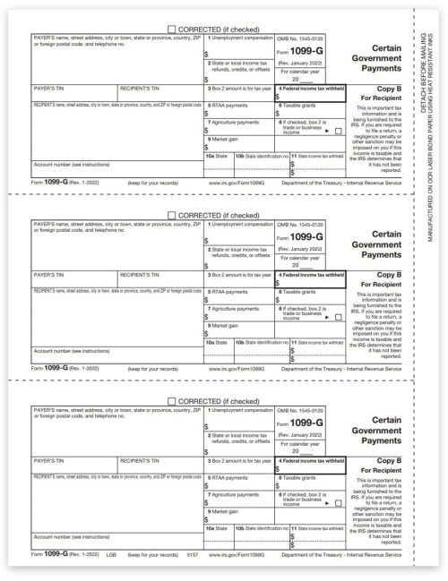1099G Tax Forms for 2022, Recipient Copy B Official 1099-G Forms for Certain Government Payments - DiscountTaxForms.com