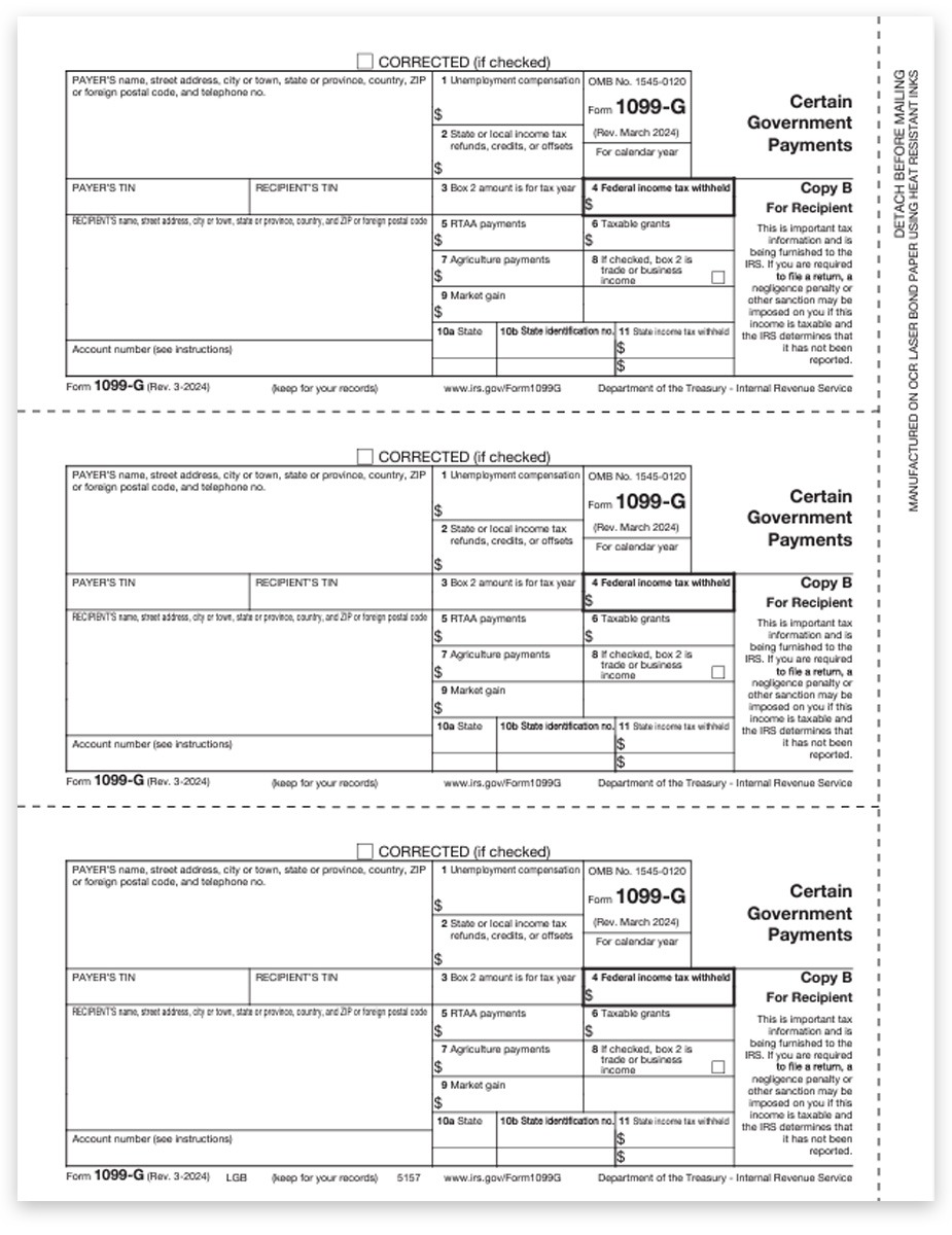 1099G Tax Forms, Recipient Copy B Official 1099-G Forms for Certain Government Payments - DiscountTaxForms.com