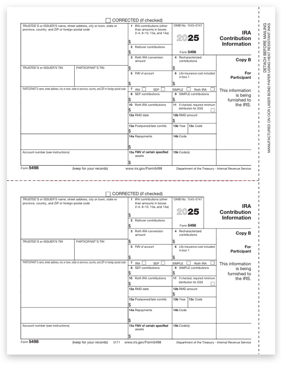 Order 5498 Tax Forms for 2025. IRA Contribution Information. Official Participant Copy B Forms - DiscountTaxForms.com