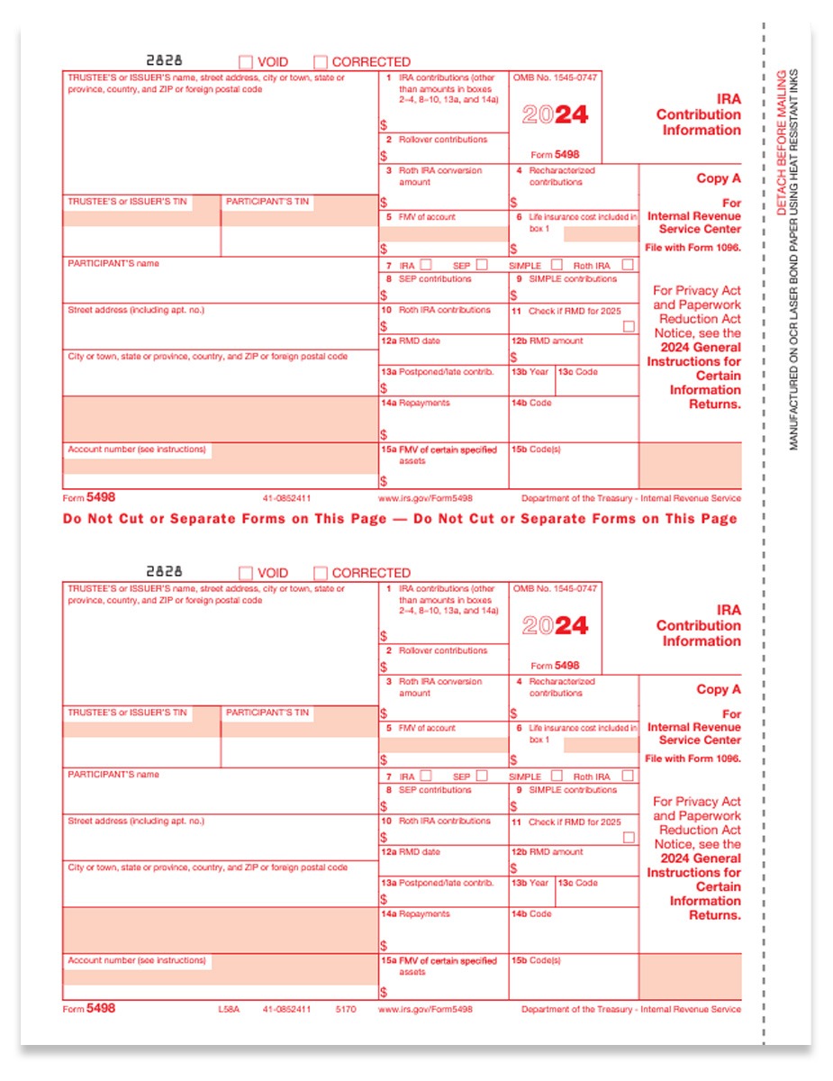 Order 5498 Tax Forms for 2024. IRA Contribution Information. Official IRS Red Copy A Forms - DiscountTaxForms.com