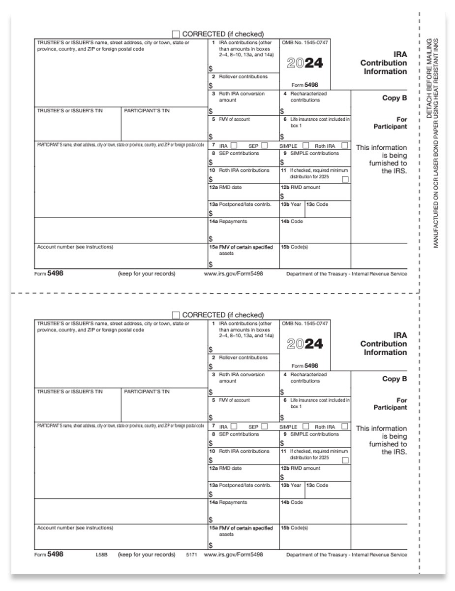 Order 5498 Tax Forms for 2024. IRA Contribution Information. Official Participant Copy B Forms - DiscountTaxForms.com