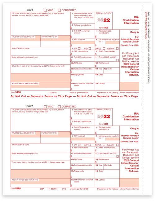 5498 Tax Forms for 2022. IRA Contribution Information. Official IRS Red Copy A Forms - DiscountTaxForms.com